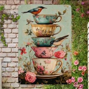Vintage Bird And Floral Teacup Metal Sign, Country Style Wall Decoration